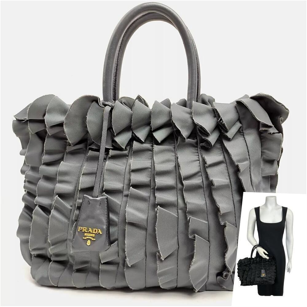 PRADA Tessuto Ruffle Tote Bag Gray with Keychain